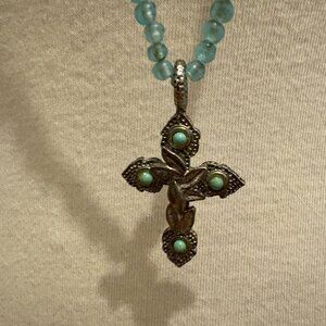 Gerard Yosca signed vintage aquamarine bead necklace with silver cross